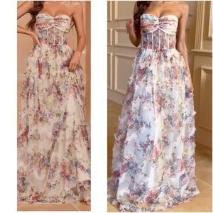 Strapless White Floral Maxi Dress with Sweetheart Bodice
